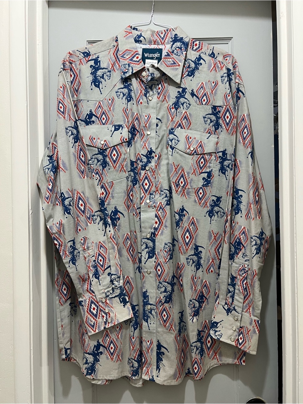 Wrangler Beige Western Print Button-Down Shirt with Navy and Red Accents